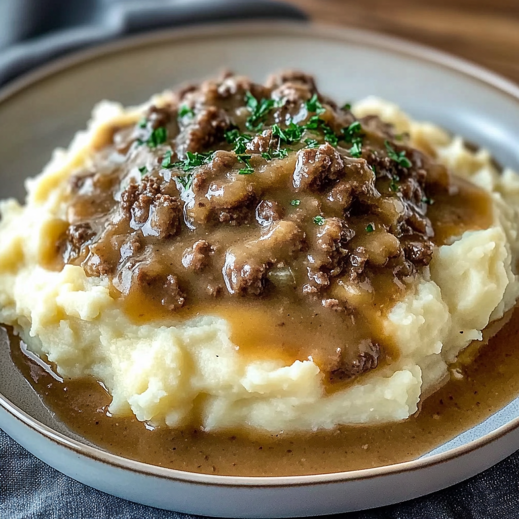 Recipe preparation for hamburger gravy over mashed potatoes
