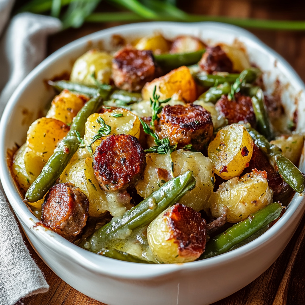 Recipe preparation for sausage green bean potato casserole