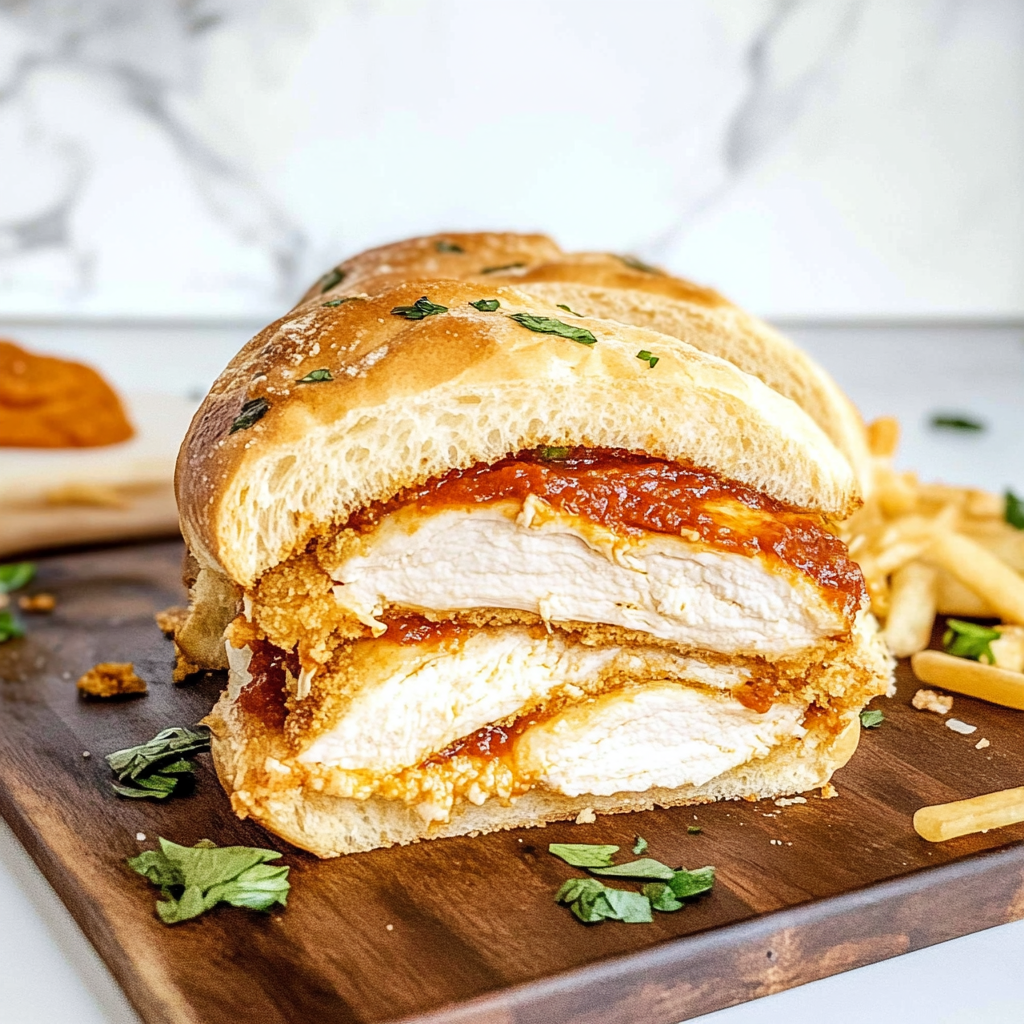 Recipe preparation for Chicken Parm Sandwich