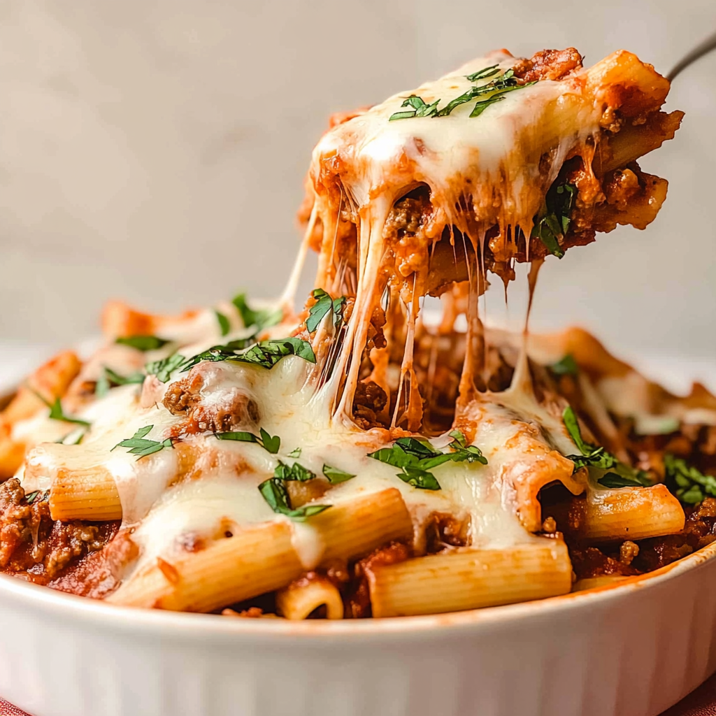 Recipe preparation for baked ziti with ground beef