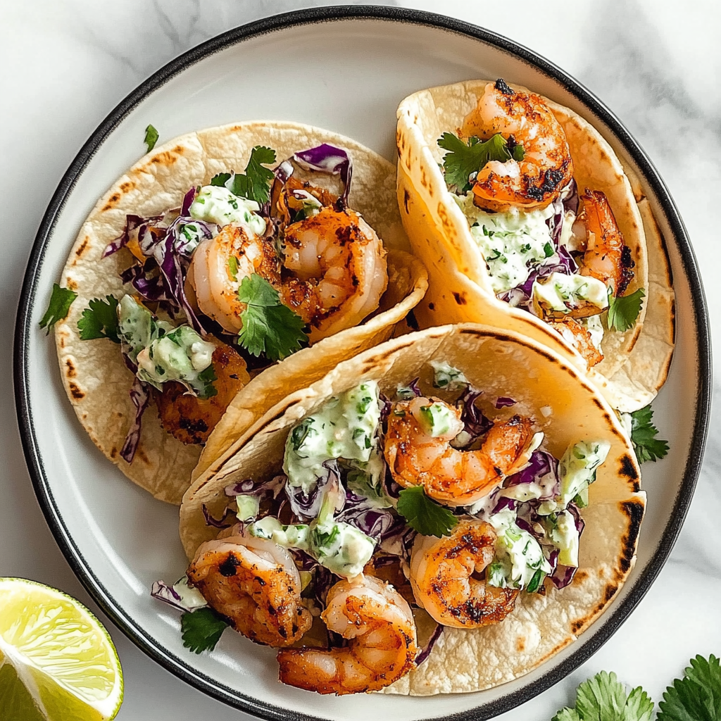 Recipe preparation for shrimp tacos with cabbage slaw