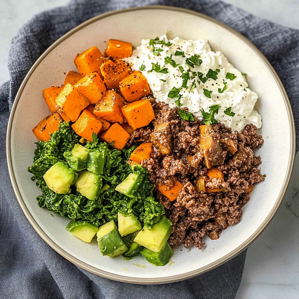 Recipe preparation for Hot Honey Cottage Cheese Sweet Potato Beef Bowl
