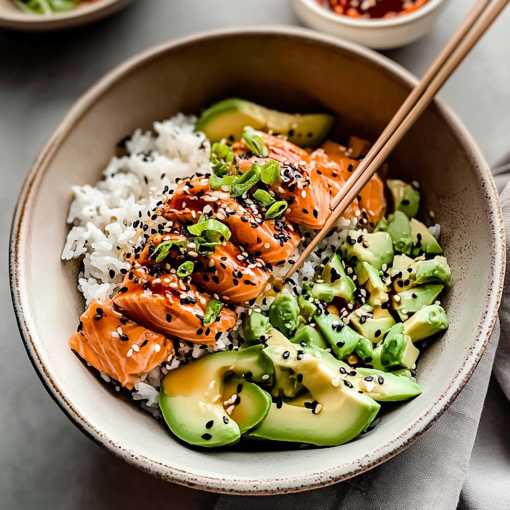 Recipe preparation for salmon sushi bowl