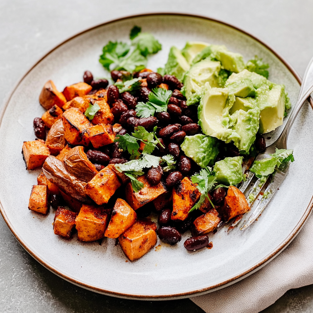 Recipe preparation for Baked Sweet Potato with Black Beans & Avocado