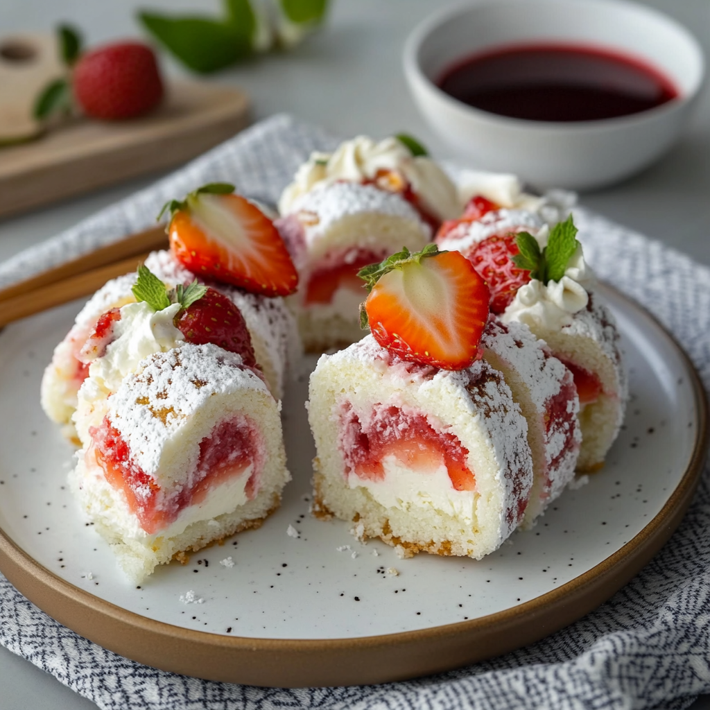Recipe preparation for Strawberry Shortcake Cheesecake Dessert Sushi Rolls