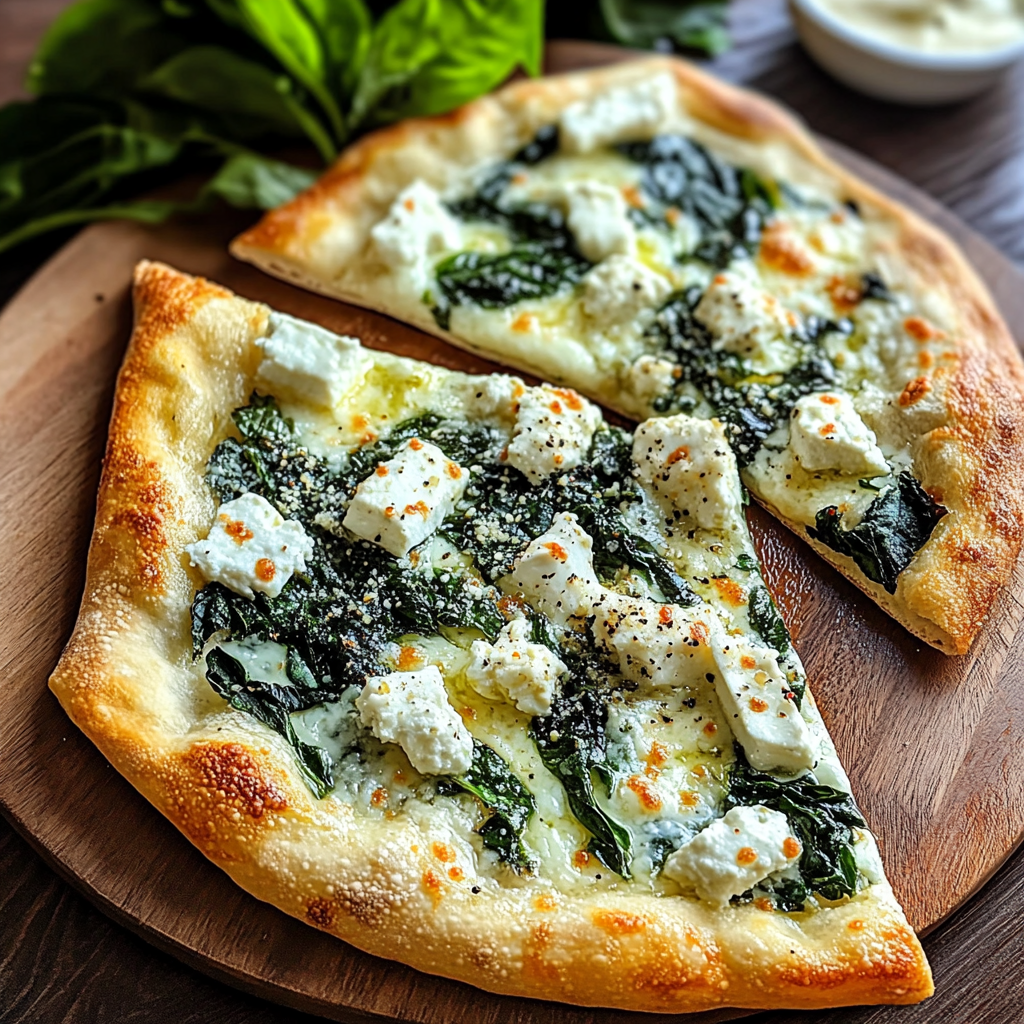 Recipe preparation for Greek Roasted Garlic Spinach White Pizza