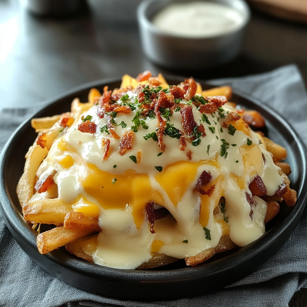 Recipe preparation for Breakfast Poutine with Hollandaise Sauce